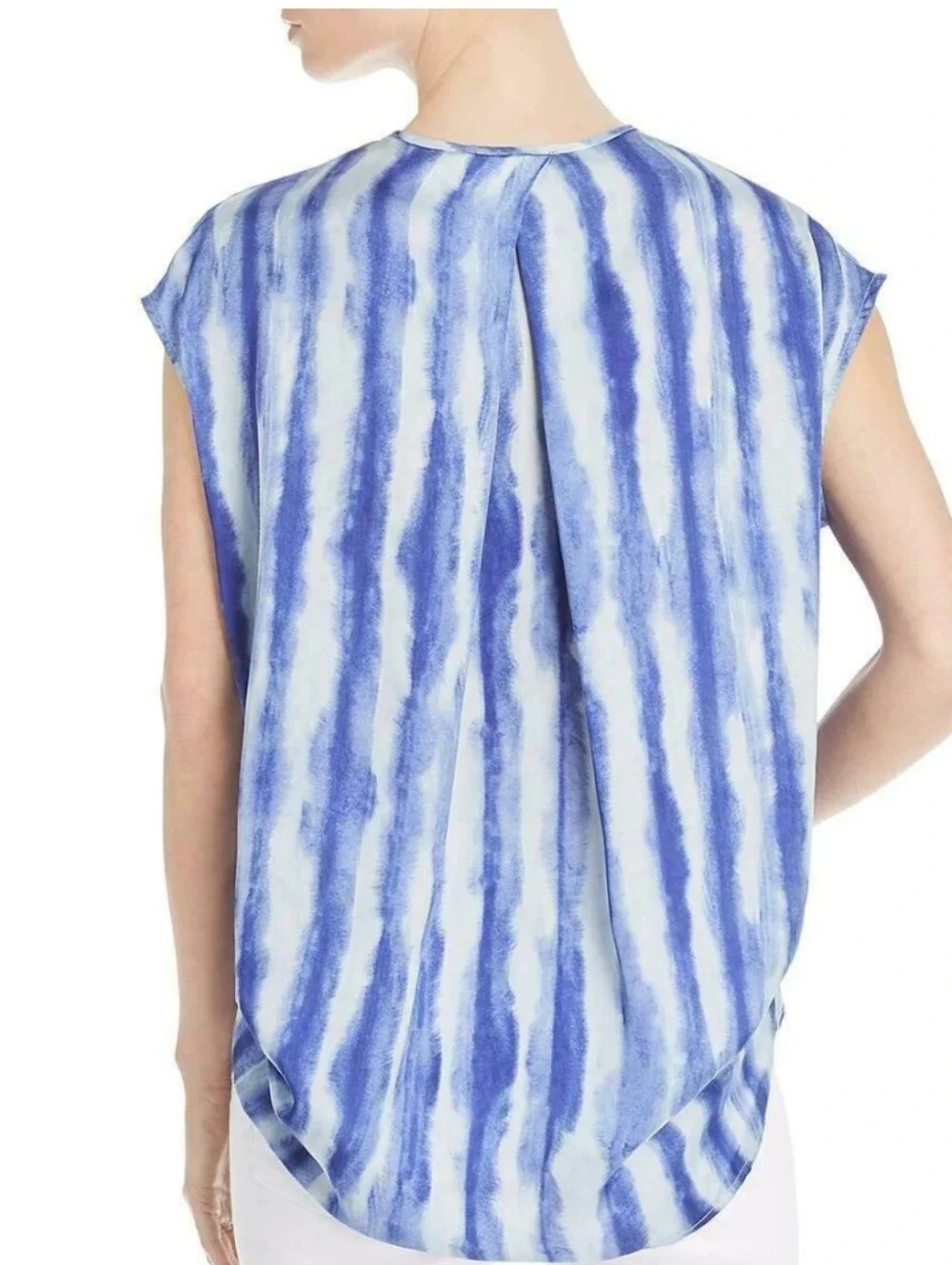 Kenneth Cole Satin Blue Tie Dye Stripe Cap Sleeves V-Neck Blouse Top Shirt M